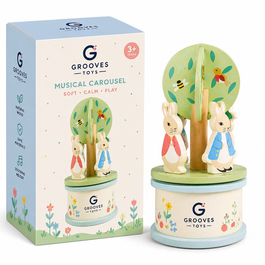Grooves Toys™ Wooden Musical Carousel for Kids – Soft & Calm Nursery Toy (3+)